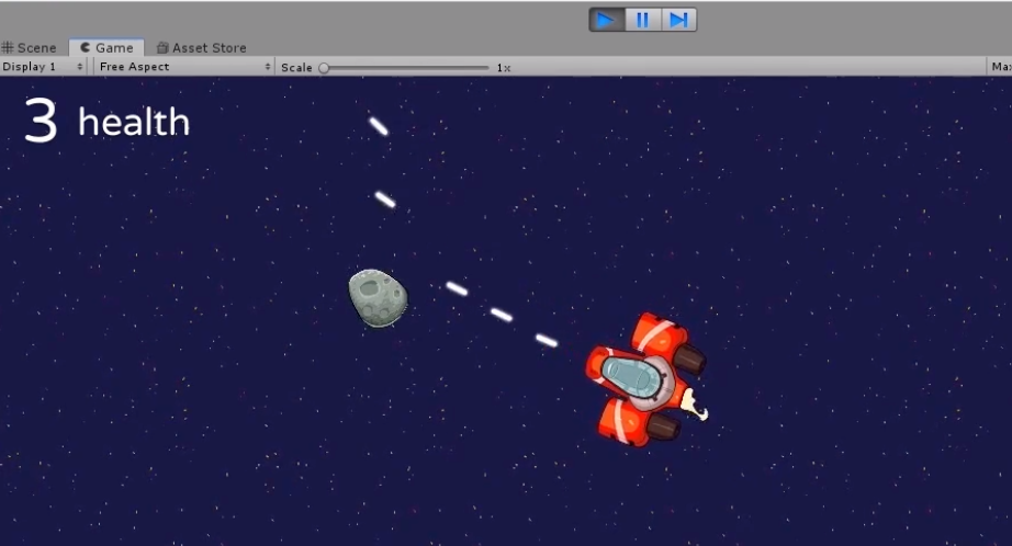 When you click on the key that you set for LasterShooter’s Object Shooter script, you can shoot lasers and destroy asteroids