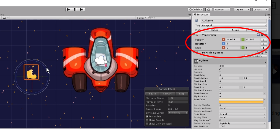 Adjust the placement of the flame by going to Inspector > Transform