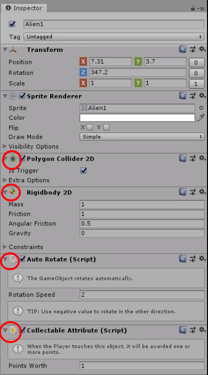 Make sure that you added a Polygon Collider 2D, Rigidbody 2D, Auto Rotate (Script), and Collectable Attribute (Script) to your alien