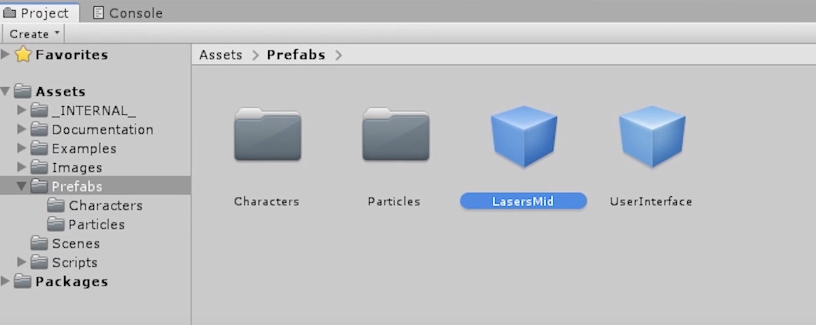 When you drag LasersMid into the Prefabs folder, you will notice that it looks like a blue cube, which means that it’s been turned into a prefab