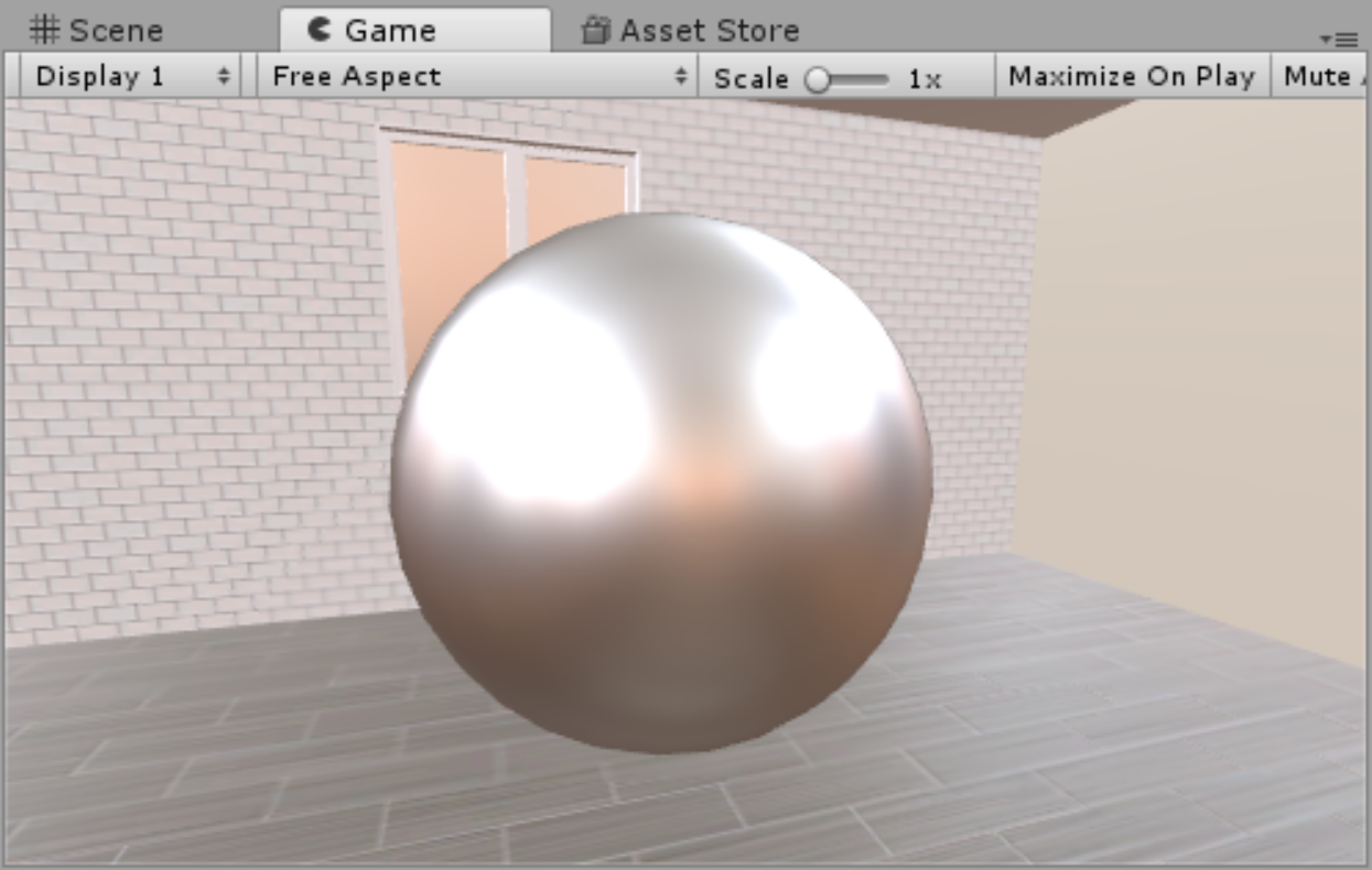 Figure 02: The same scene as above in Figure 01, but with a photo-based Skybox applied to the scene. The high resolution image depicts a church, but it is impossible to tell this from the chrome Material. Note that the room still does not reflect.
