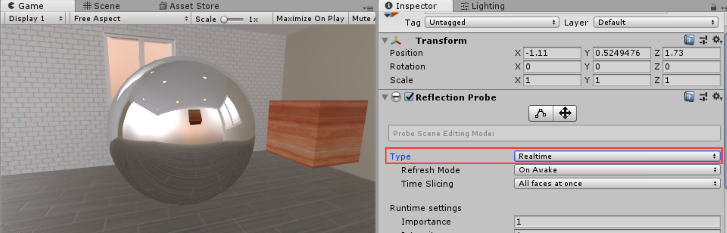 Figure 12: Setting the Reflection Probe to Realtime will reveal any dynamic objects in the scene within the reflection.