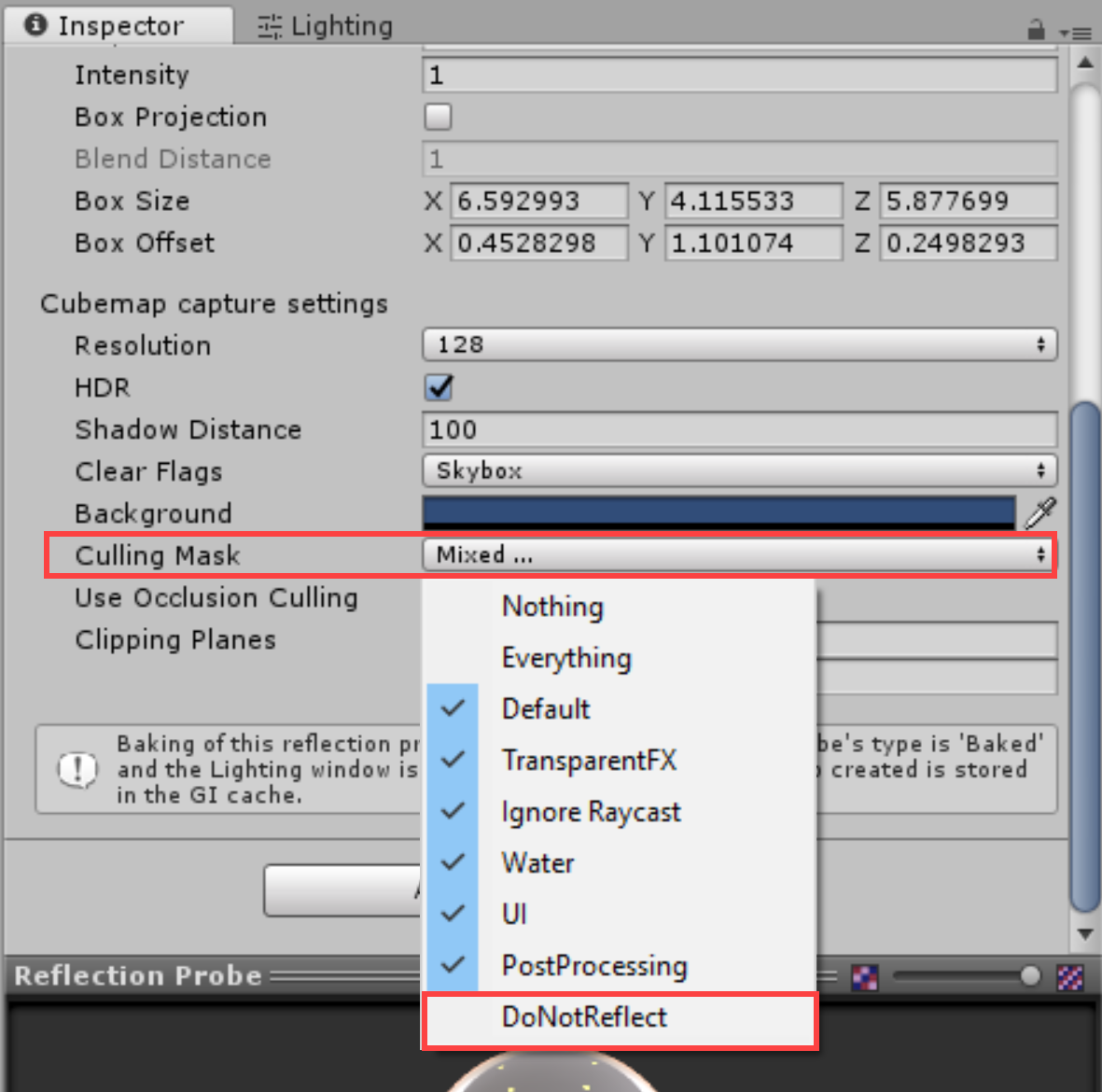 Figure 09: Setting the Culling Mask to ignore DoNotReflect will cause the Reflection Probe to not render anything using that Layer.