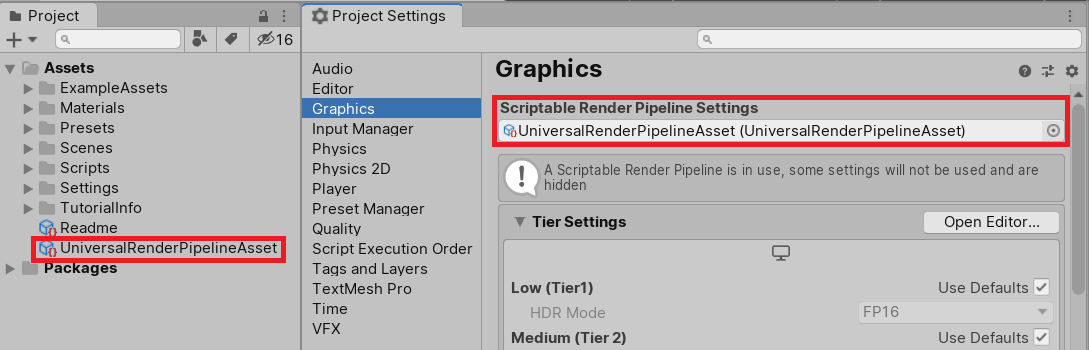 Figure 05: Placing the UniversalRenderPipelineAsset into the Scriptable Render Pipeline Field