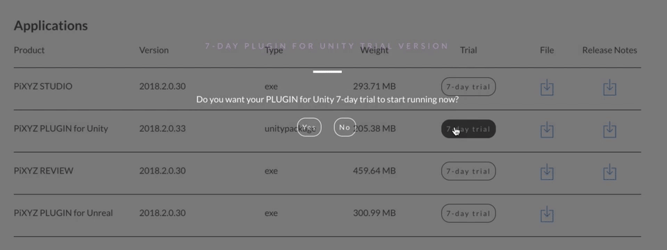This is at pixyz-software.com, if you click on the product tab you’ll see the list and you can click on 7 - day trial