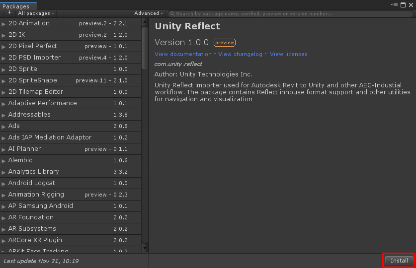 Figure 02: The Unity Package Manager showing the Unity Reflect package