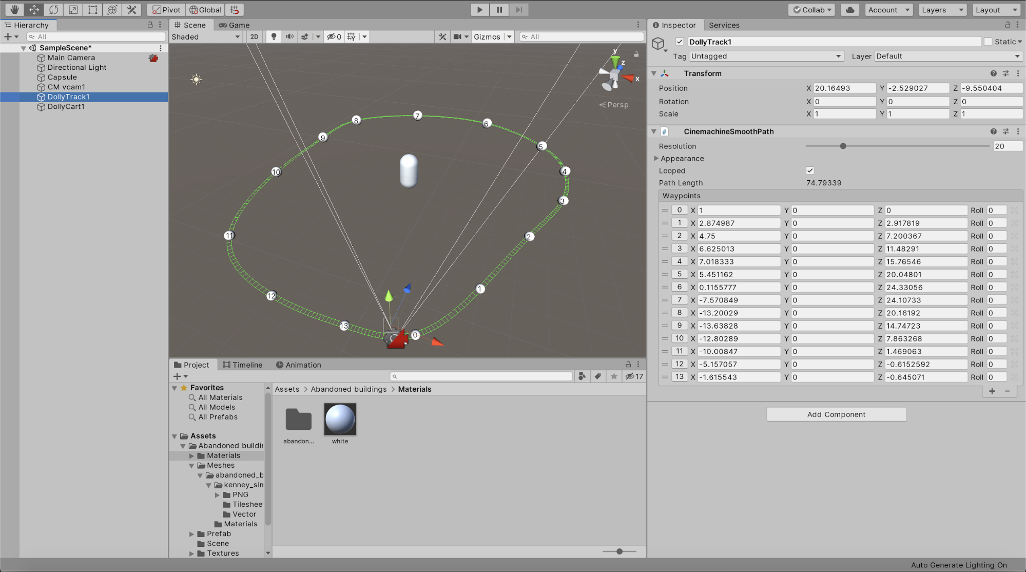 Figure 01: The image above shows the track in green, made of waypoints shown in the Inspector window. The Virtual Camera is aligned to the track’s first waypoint vector position.