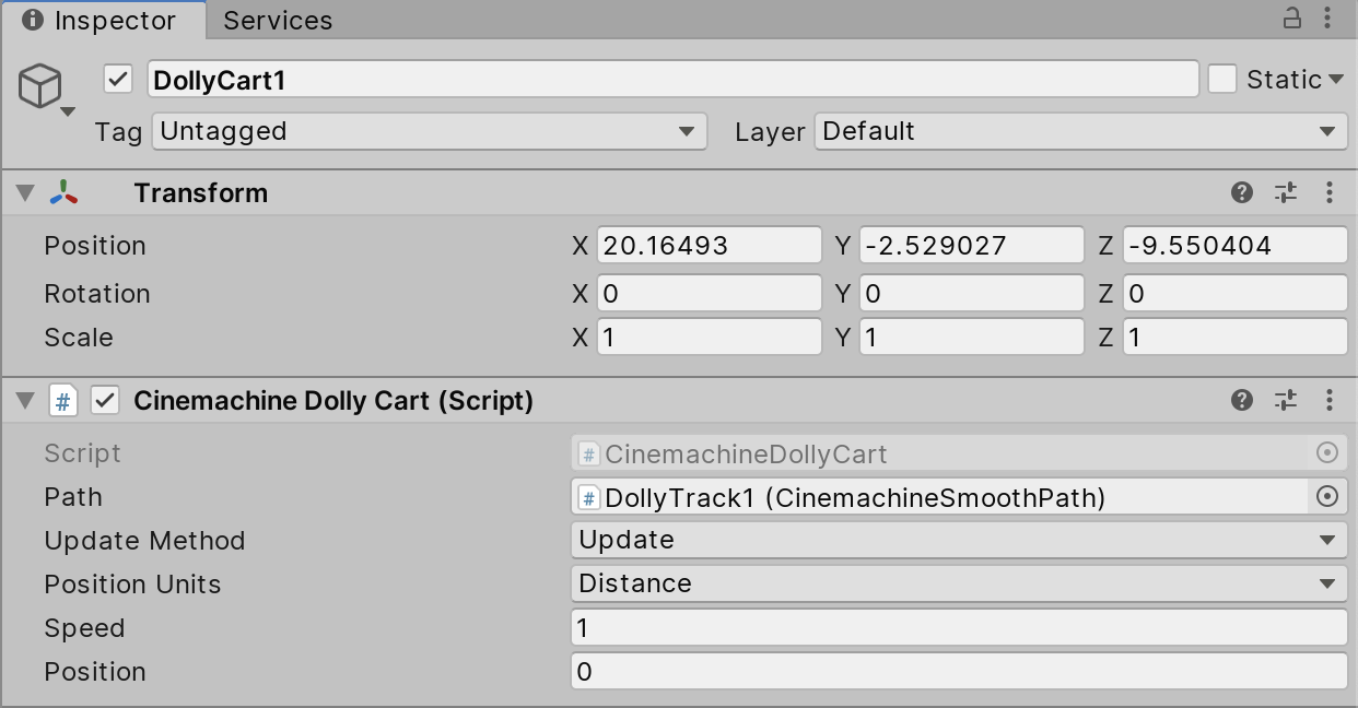 Figure 06: Adjusting the Dolly Cart parameters for Update method, Speed and start Position