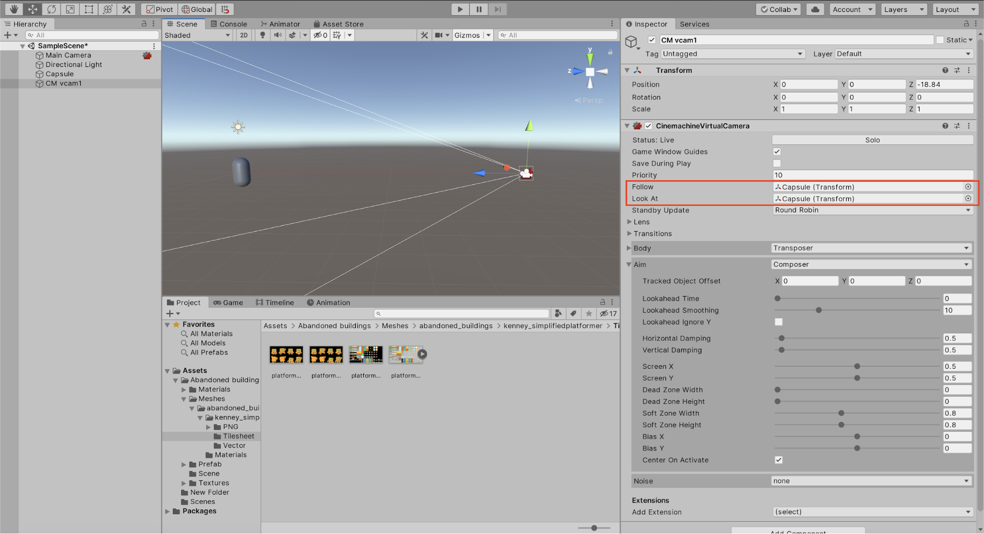 Figure 03: Adding a GameObject to the Follow and Look At parameters of a Virtual Camera