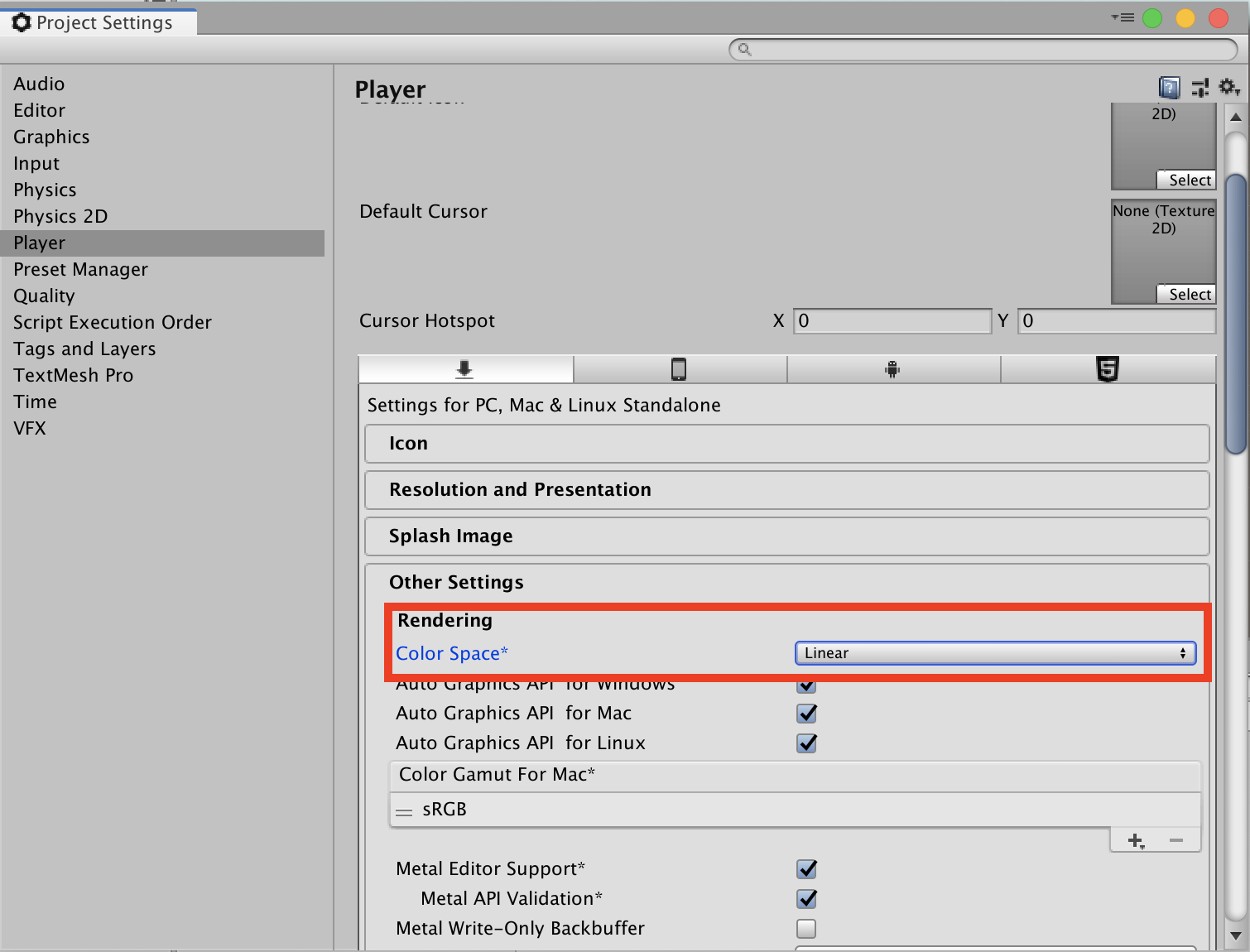 Figure 05: Setting Color Space to Linear in Player Settings