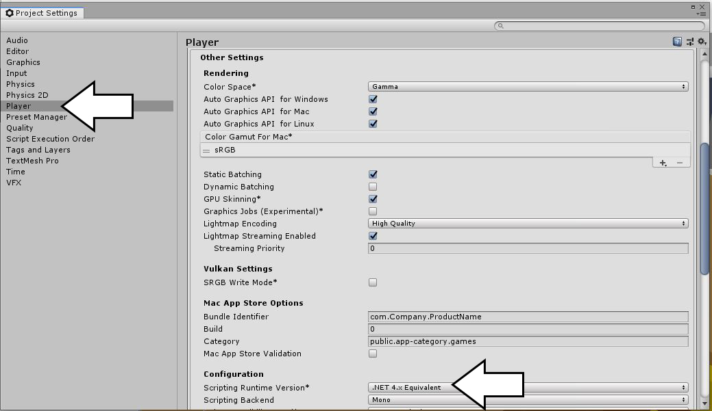 Edit > Project Settings > Player > Other Settings