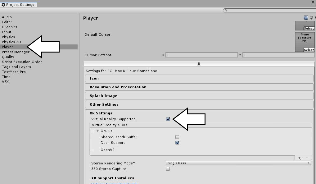 Edit > Project Settings > Player > XR Settings