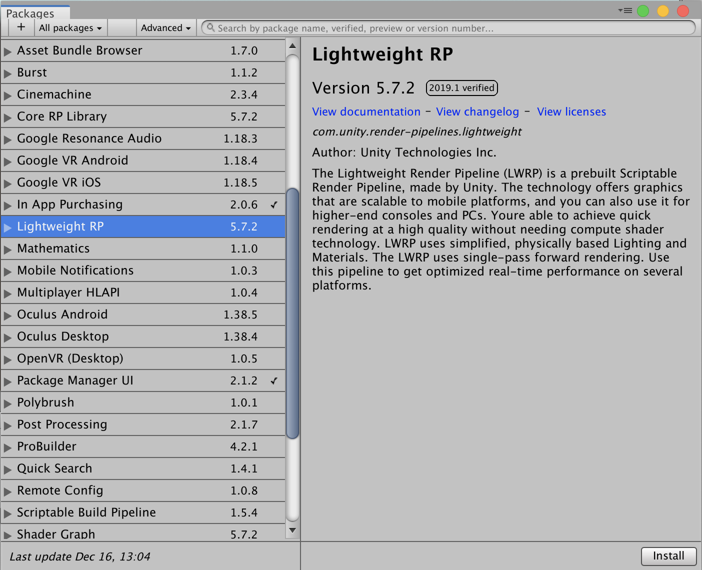 Figure 04: Package Manager Window