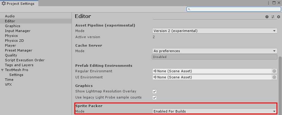 Figure 01: Enabling the Sprite Packer in Unity’s Project Settings window