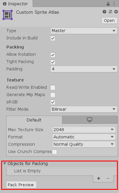 Figure 02: The Objects for Packing tab allows us to populate our Sprite Atlas from Textures within Unity.