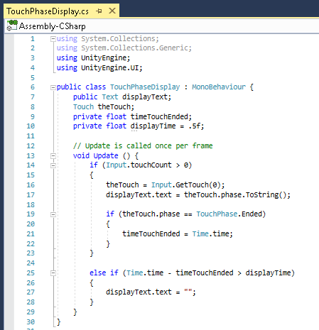 Figure 01: The completed TouchPhaseDisplay script