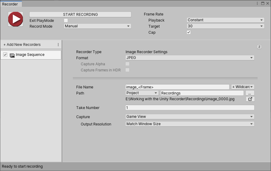 図 08:Image Sequence Recorder のデフォルト設定。画像形式は JPEG ではなく PNG、環境やライティングデータを取り込む場合は EXR を使用した方が良いでしょう。