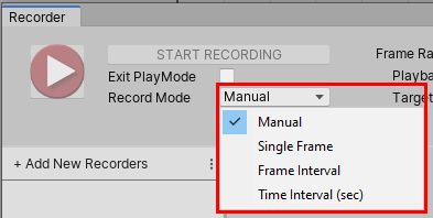 図 04:Record Mode では、手動制御に加えて、Unity では 1 フレームの時間内、または指定した範囲の時間内でのビデオキャプチャが可能です。