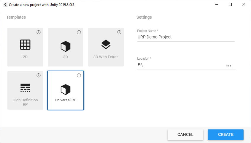 Figure 01: Creating a new project with URP