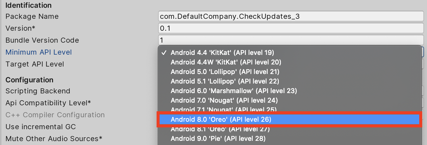 Figure 01: At the time of this writing, Android 7.0 is the minimum API version for AR development in Unity, but using a higher level may be required.