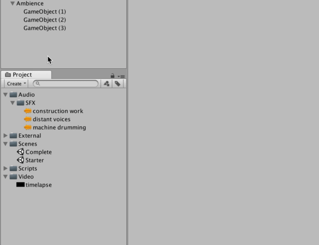 Figure 09: Attaching Audio Sources to each GameObject by dragging an audio file onto each child