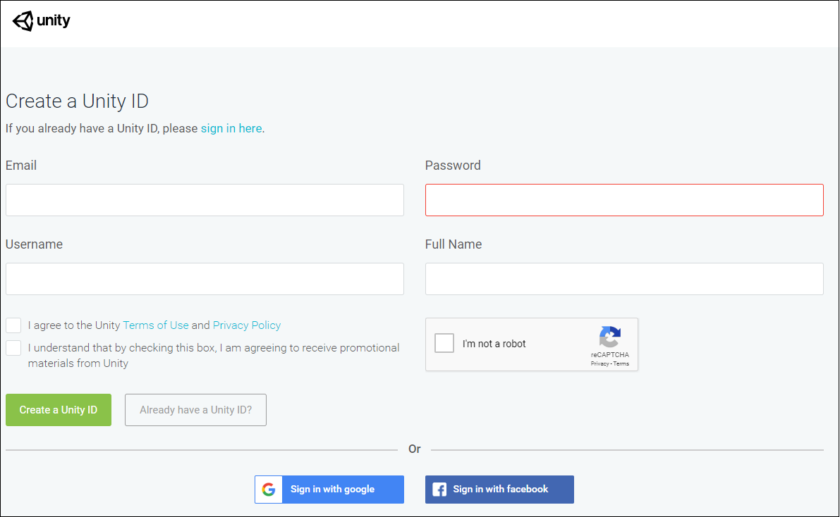 Figure 01: The Unity sign-up page