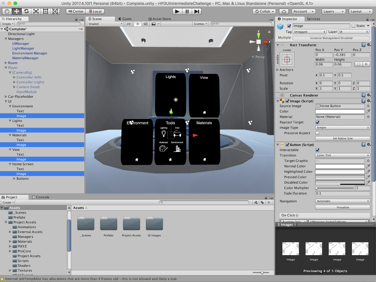 All four buttons selected to make adding the UIManager into the OnClick event easier