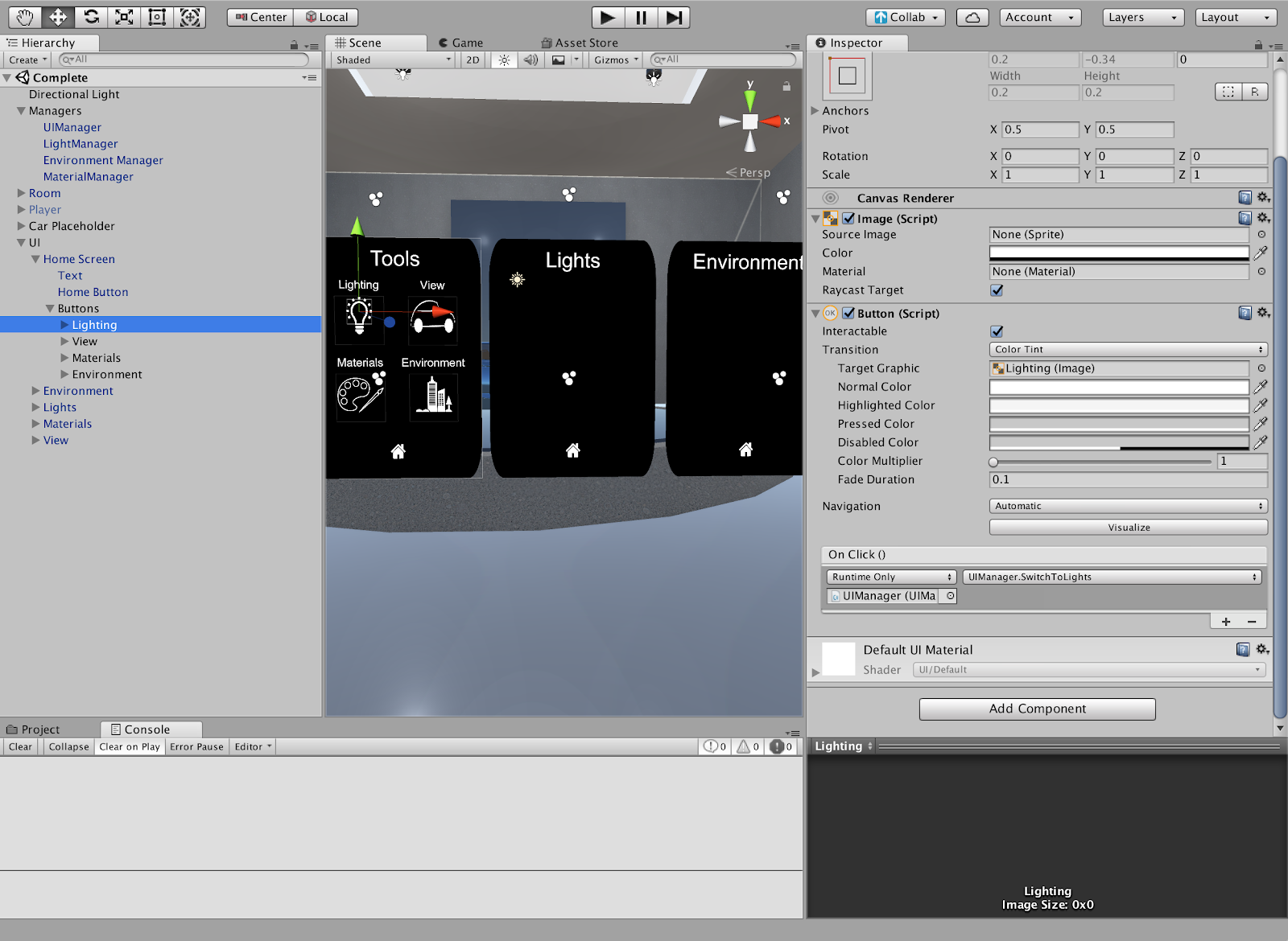 The Lighting Button with the correct UIManager method.