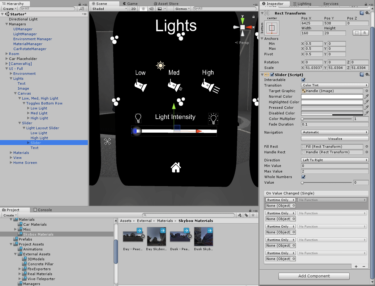 Setting up the OnValueChanged for the Lights UI