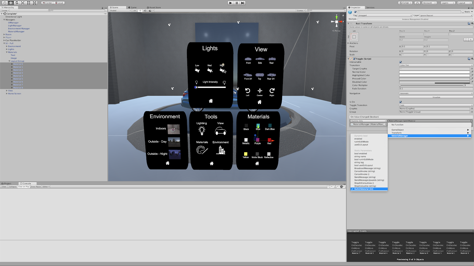 Selecting the SwitchMaterial method from the Material Manager