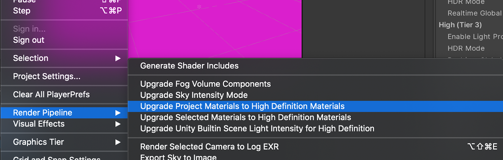 Figure 04: Converting all project materials to High Definition materials