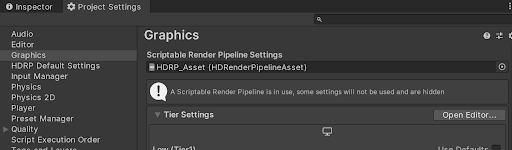 Figure 03: Assigning the HDRP Asset to the Scriptable Render Pipeline Settings