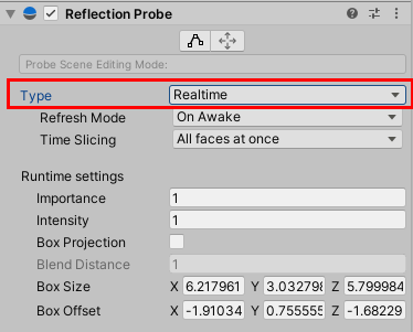 Figure 09: Setting the Reflection Probe’s Type to Realtime will reflect any dynamic objects in the Scene.