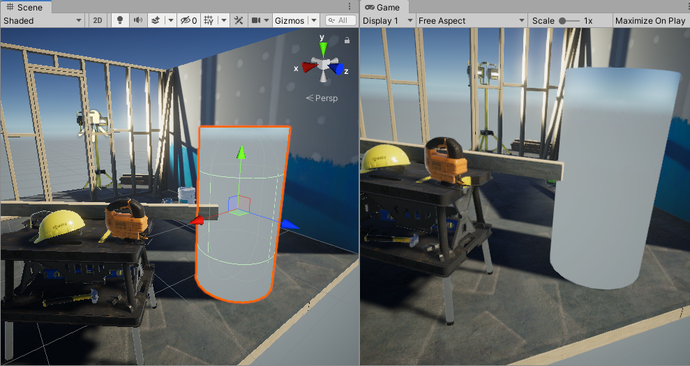 Figure 01: A new Cylinder GameObject added to the scene with a reflective material attached, but the Workshop Set’s other objects do not appear in the reflection; the Cylinder reflects only the skybox outside.