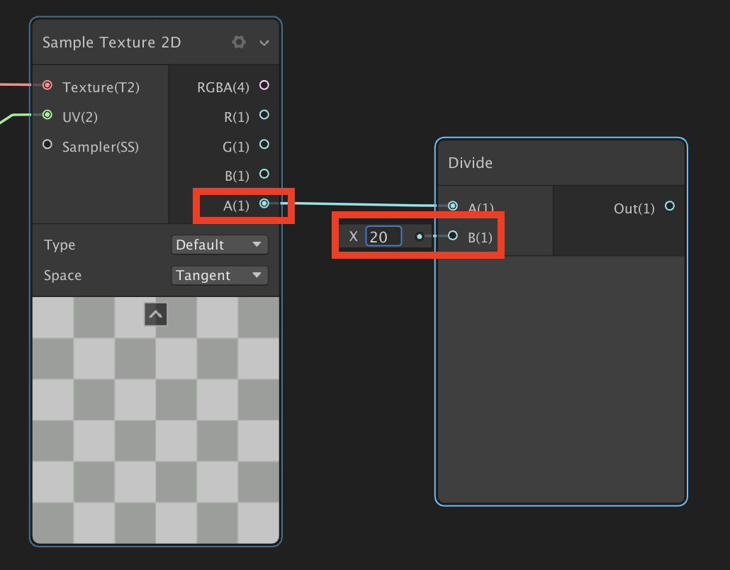 Figure 08: The Divide Node with the alpha channel of the Checker Sample Texture 2D added and divided by 20