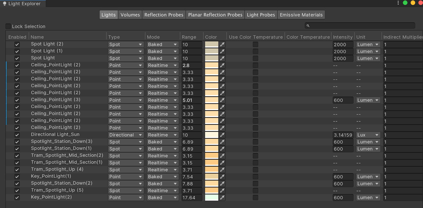 Use the Light Explorer to quickly change scene lights from real-time to baked