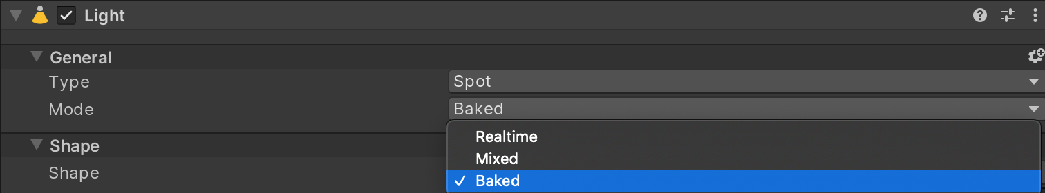 In the Light component change the Mode from Realtime to Baked