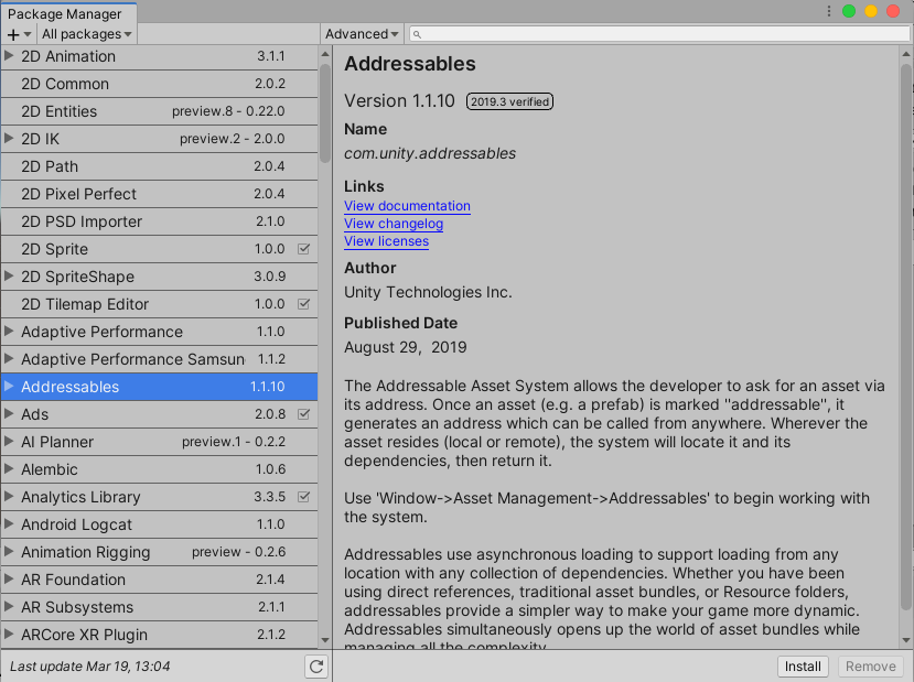 Figure 07: Unity’s Package Manager, with the Addressables package selected for installation
