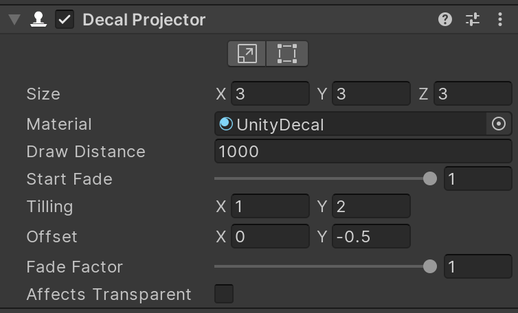 The Decal Projector component settings