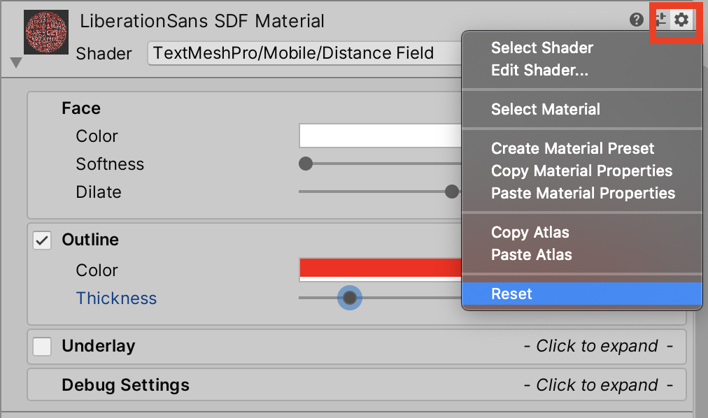 Figure 06: This menu allows you to revert to the original material settings, transfer material properties, and create material presets.