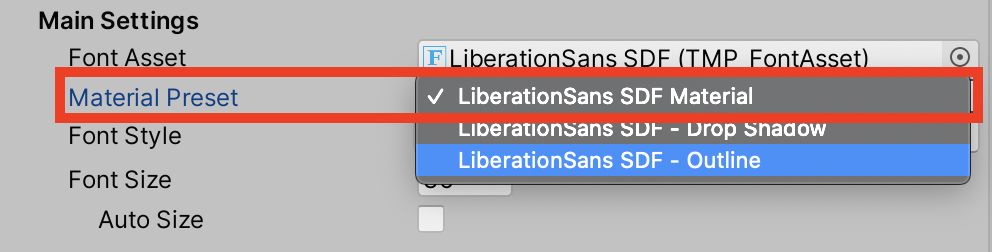 Figure 07: TextMesh Pro ships with three Material presets that offer a quick way to explore the effects of various settings.