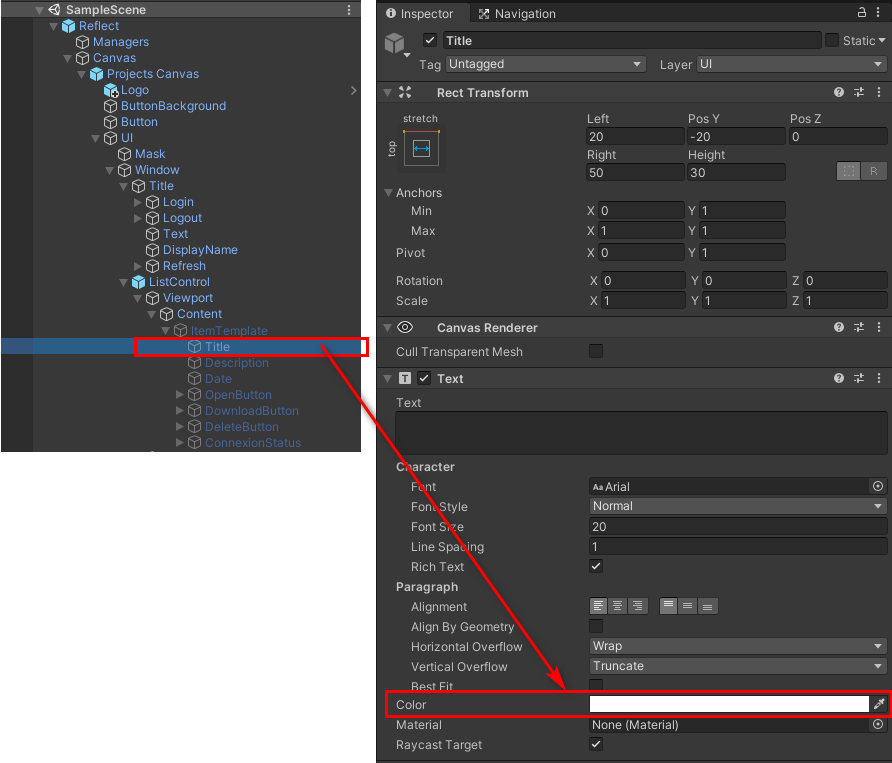 Figure 04: Changing the color of an element in the Reflect Prefab