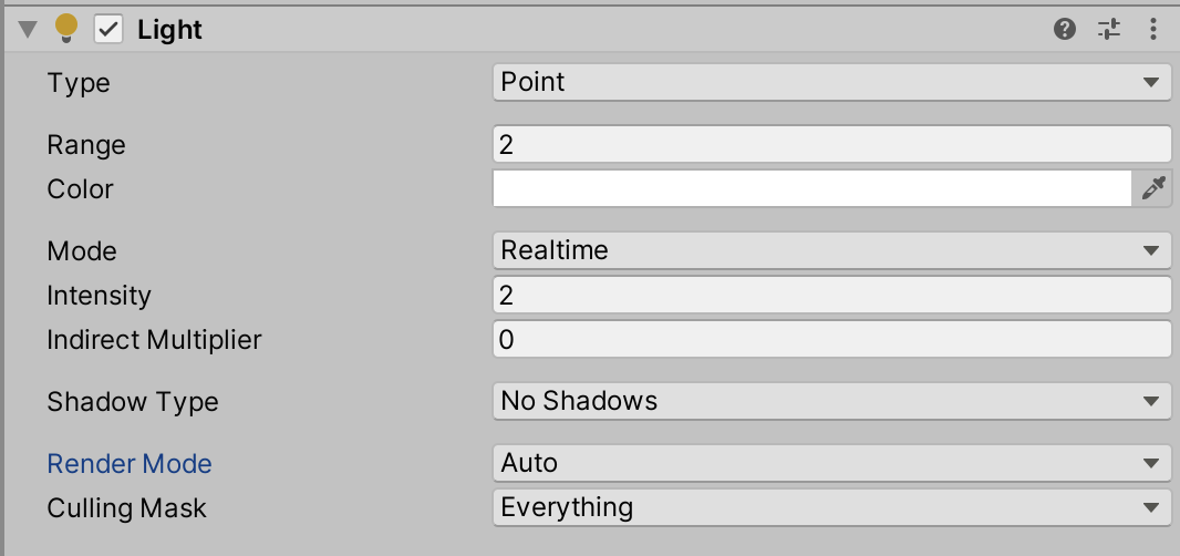 Figure 03: Point Light settings with Shadow Type set to No Shadows