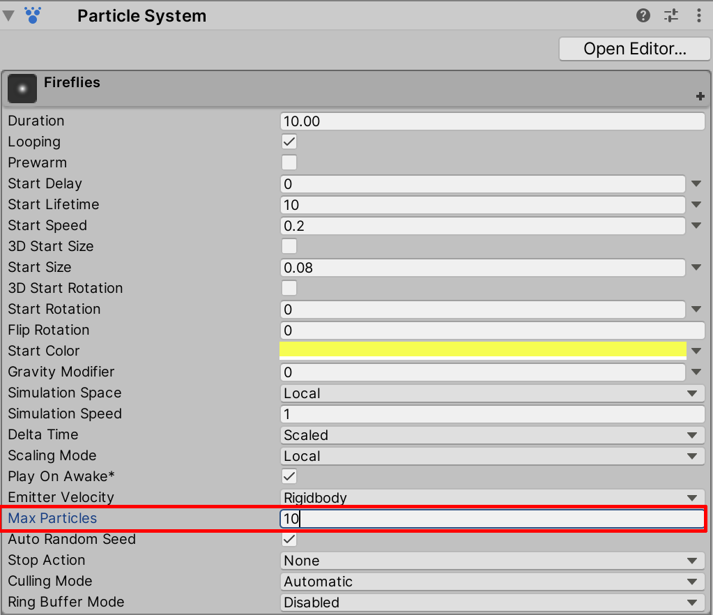 Figure 02: Firefly particle parameters with Max Particles set to 10