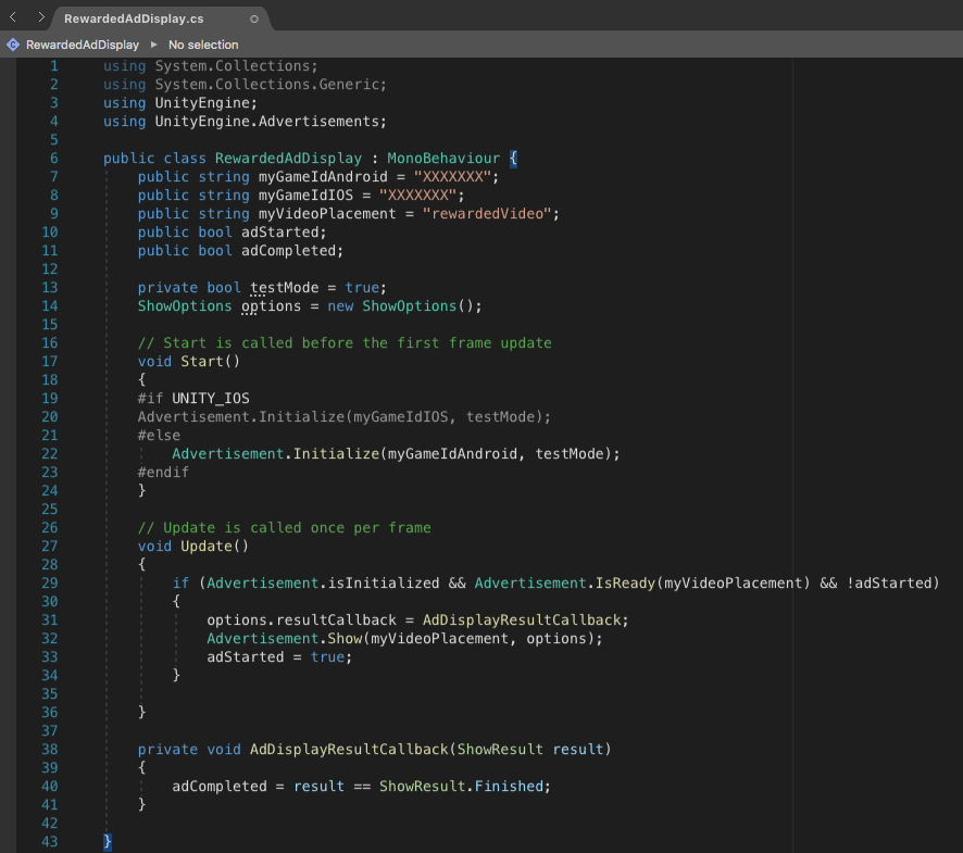 Figure 01: The completed RewardedAdDisplay script.