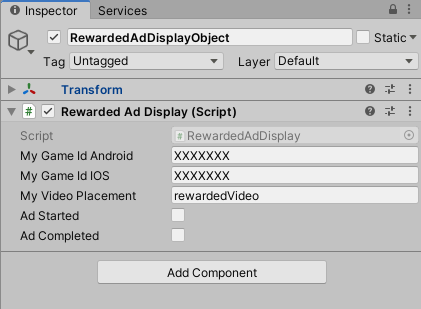 Figure 02: The RewardedAdDisplayObject in the Inspector Window