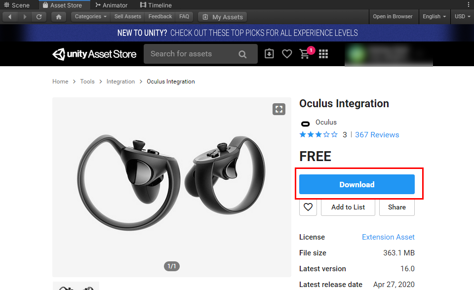Figure 07: Downloading the Oculus Integration Asset