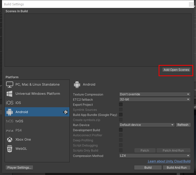 Figure 24: Adding the default Scene to the application build.