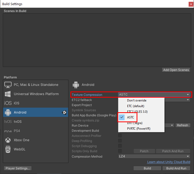 Figure 23: Changing the Texture Compression settings to ASTC