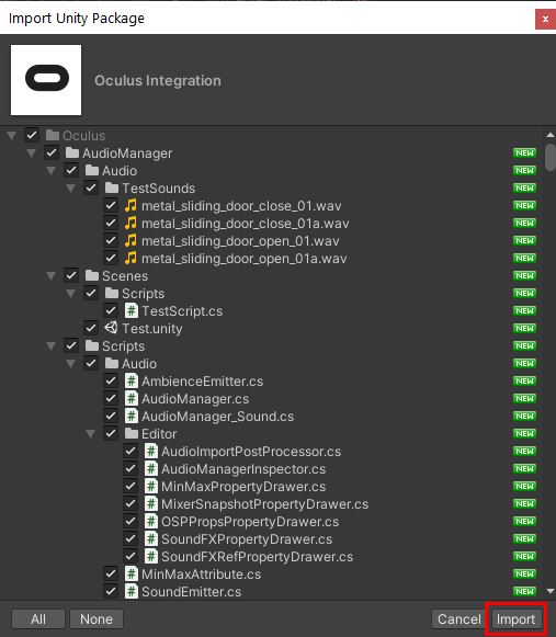 Figure 09: Import options for the Oculus Integration Asset.